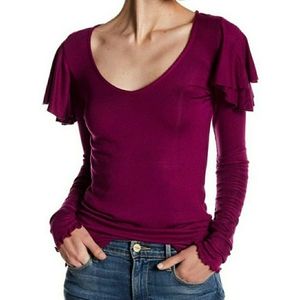Free People Long Sleeve V-Neck Ruffle Shoulder Tee